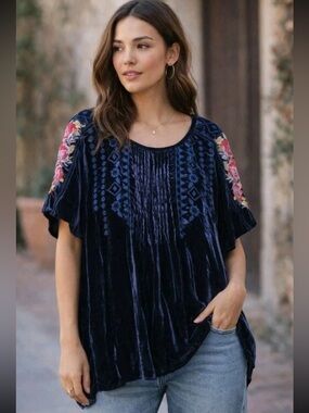 Johnny Was Navy Blue Velvet Blouse with Floral Embroidery